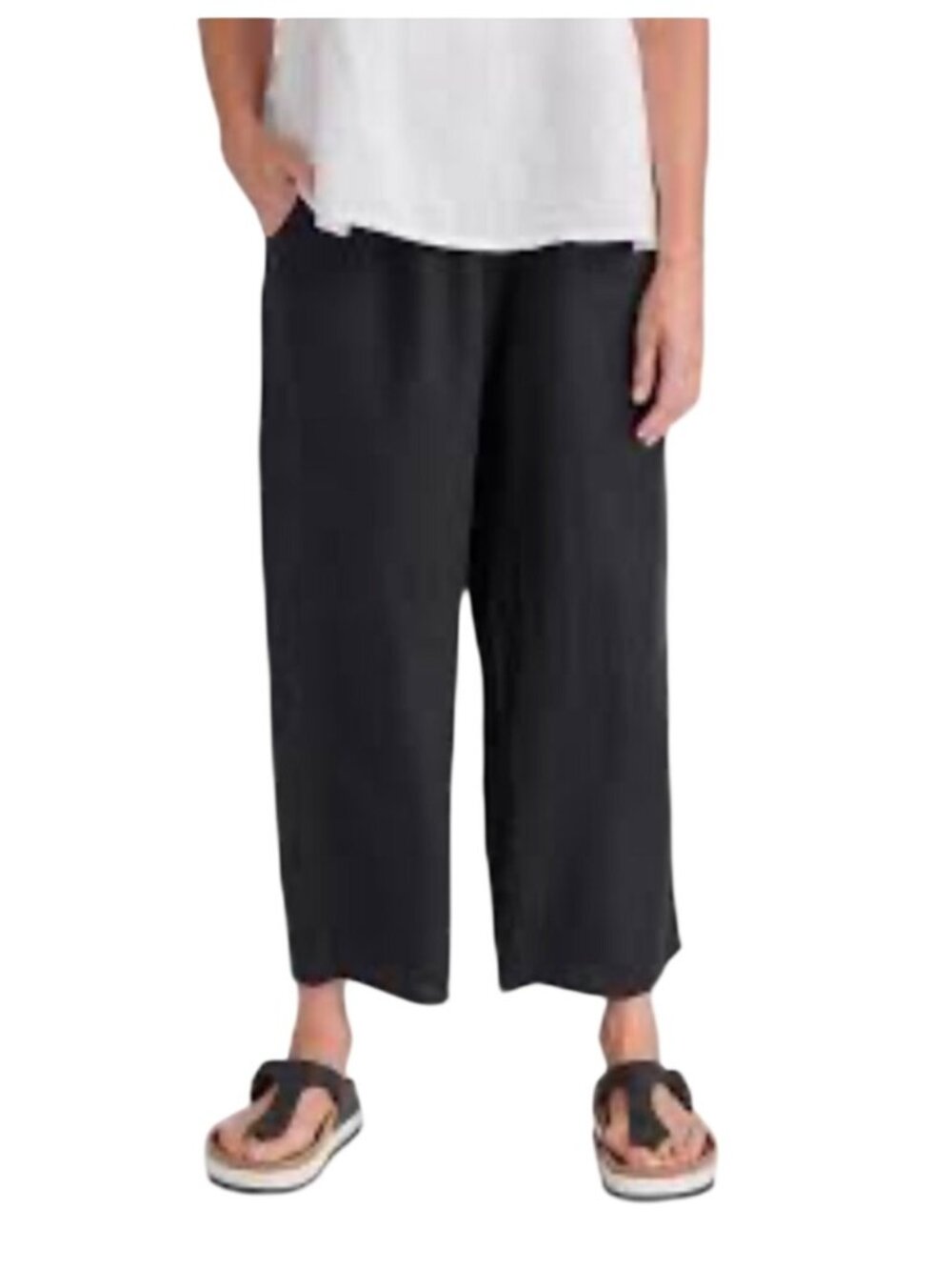 Flax Black Linen Flood Pants wide leg crop Elastic Waist pull on size Medium